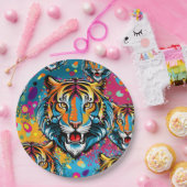 Tigerkopf-Regenbogenfarben-Farbflecken Pappteller (Party)