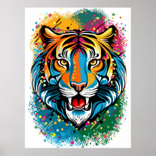 Tigerkopf-Regenbogenfarben-Farbflecken Poster