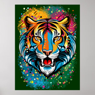 Tigerkopf-Regenbogenfarben-Farbflecken Poster