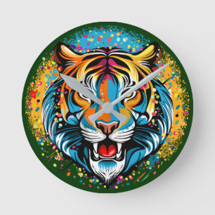 Tigerkopf-Regenbogenfarben-Farbflecken Runde Wanduhr