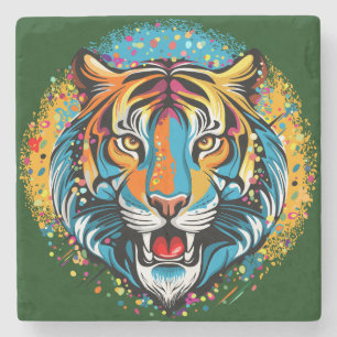 Tigerkopf-Regenbogenfarben-Farbflecken Steinuntersetzer
