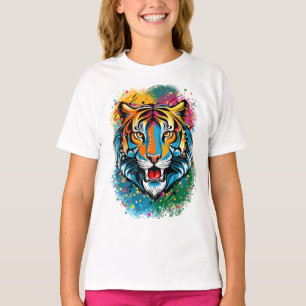 Tigerkopf-Regenbogenfarben-Farbflecken T-Shirt
