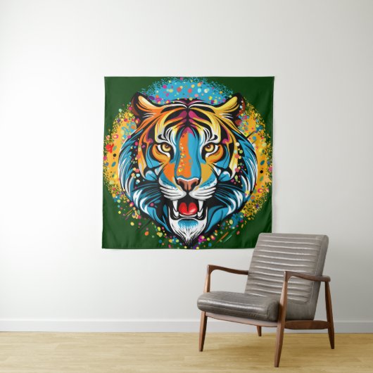 Tigerkopf-Regenbogenfarben-Farbflecken Wandteppich (Beispiel)