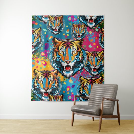 Tigerkopf-Regenbogenfarben-Farbflecken Wandteppich (Beispiel)