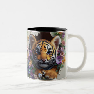 Tigerkub pinkelt durch farbenfrohe Blüte Zweifarbige Tasse