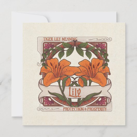 Tigerlilie - Blume bedeutet Vintage Grün Einladung (Vorderseite)