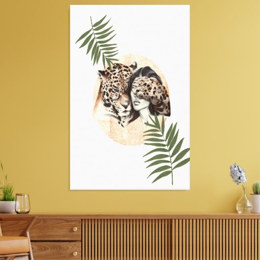 Tigermädchen-Dschungelgrün-Blätter Leinwanddruck (Insitu (Wohnzimmer))