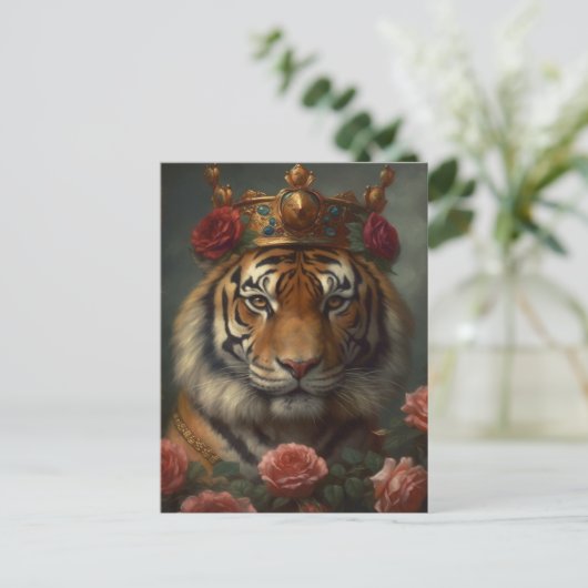 Tigermalerei mit Krone und Rose Postkarte (Stehend Vorderseite)
