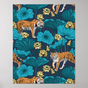 Tigers im gelben Lotus-Teich Poster