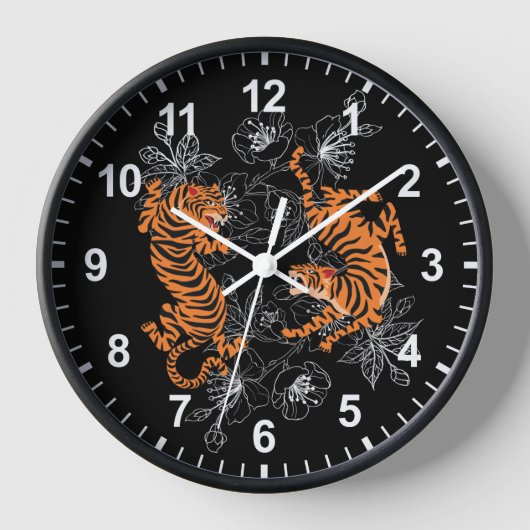 Tigers Japanisch Art Style Black Background Number Uhr (Vorderseite)