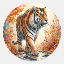 Tigerwandern im Herbst Kunst Runder Aufkleber