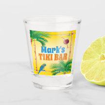 Tiki Bar mit Papageien und Getränken und Individue