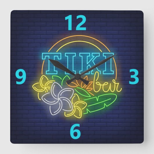 Tiki Bar Neon Sign Square Wall Clock Quadratische Wanduhr (Vorderseite)