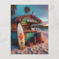 Tiki Bar und Surfbrett am Strand