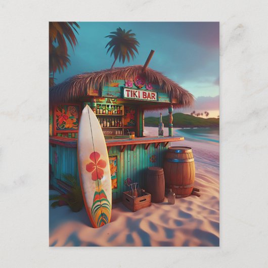 Tiki Bar und Surfbrett am Strand Postkarte (Vorderseite)
