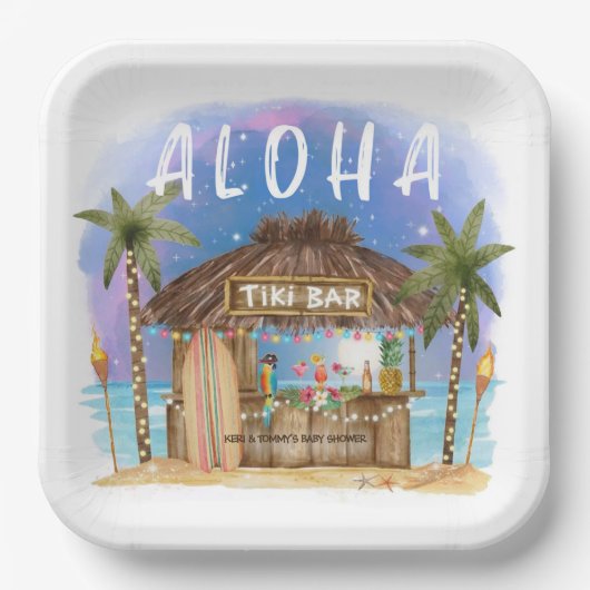Tiki Beach Bar Tropical Baby Dusche Pappteller (Vorderseite)