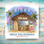Tiki Beach Bar Tropical Moon Santa Mele Kalikimaka Feiertagskarte<br><div class="desc">Die Tropische Weihnachtskarte bietet Santa einen Urlaub in einem Tiki-Bar am Strand unter dem Mond und Sterne mit Palmen, Urlaubssaitlichter und hawaiianischen Grüße "Aloha" und "Mele Kalikimaka". Tropische Cocktails, Ananas, Blätter aus Hibiskus und Palmen, Surfbrett und Papagei in einem Piraten, der den Bar schmückt. Die Rückseite ist ein Dämmerblau, und...</div>