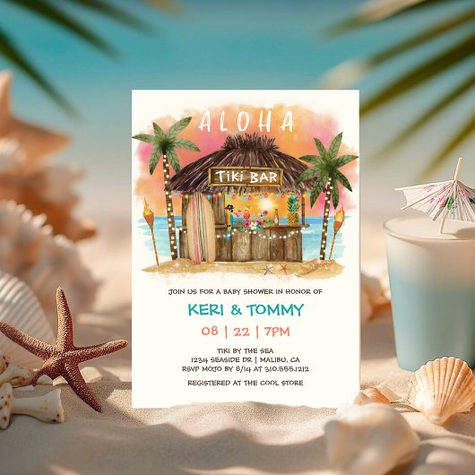 Tiki Beach Bar | Tropical Sunset Sea Babydusche Einladung