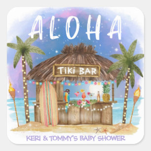 Tiki Beach Bar Tropical Surf & Sea Baby Dusche Quadratischer Aufkleber