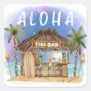 Tiki Beach Bar Tropical Surf & Sea Quadratischer Aufkleber