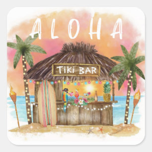 Tiki Beach Bar Tropical Surf & Sea Quadratischer Aufkleber