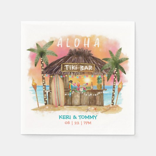 Tiki Beach Bar | Tropischer Sonnenuntergang Surf & Serviette (Vorderseite)