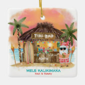 Tiki Beach Tropical Sunset Mele Kalikimaka Santa Keramikornament (Vorderseite)