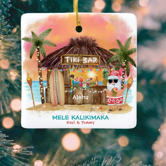 Tiki Beach Tropical Sunset Mele Kalikimaka Santa Keramikornament