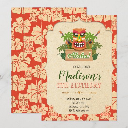 Tiki-Geburtstagsfeier Einladung (Vorne/Hinten)