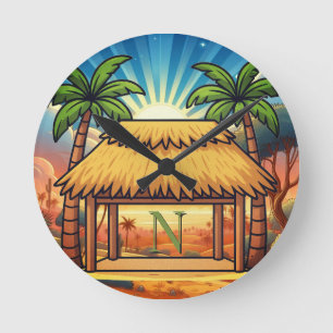 Tiki-Hütte-Monogramm personalisiert Runde Wanduhr
