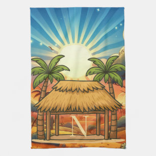 Tiki-Hütte Sonnenaufgang Monogramm Personalisiert  Geschirrtuch
