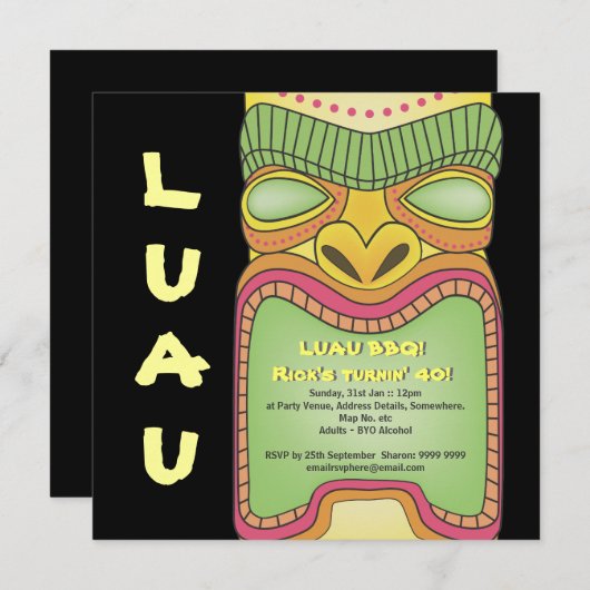 Tiki Luau hawaiisches tropisches Einladung (Vorne/Hinten)