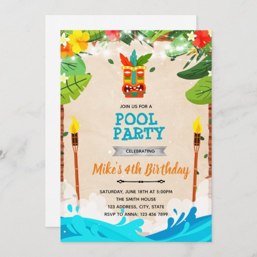 Tiki Luau Pool Party Einladung (Vorne/Hinten)