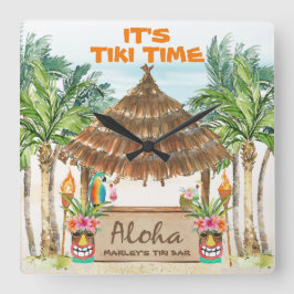 Tiki Luau | Tropical Beach Tiki Bar Aloha Square Quadratische Wanduhr