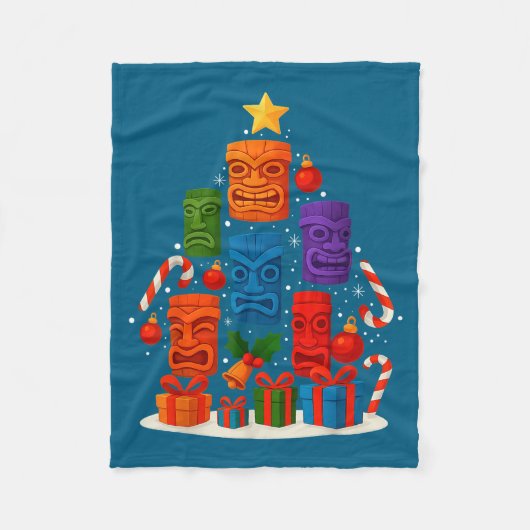 Tiki Mask Luau Christmas Tree Hawaiian Xmas Hat Ha Fleecedecke (Vorderseite)
