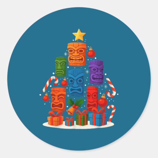 Tiki Mask Luau Christmas Tree Hawaiian Xmas Hat Ha Runder Aufkleber (Vorderseite)