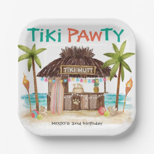 Tiki Pawty Tropical Beach Dog Party Pappteller (Vorderseite)