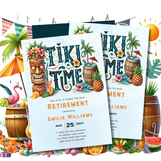 TIKI RETIREMENT Tropical Luau Hawaiian Party Einladung