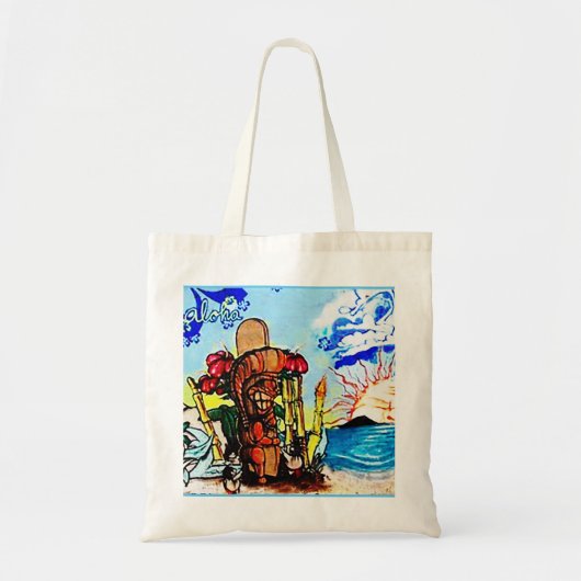 Tiki Statue mit Menehune und Hibiskus Tragetasche (Vorne)