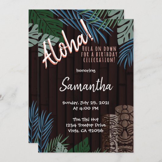 Tiki Theme Brown Hawaiian Bamboo Green und Blue  Einladung (Vorne/Hinten)