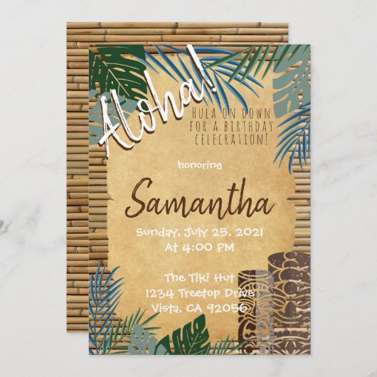 Tiki Theme Hawaiian Bamboo Island fühlen sich grün Einladung (Vorne/Hinten)