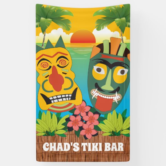 Tiki Time in hellen Farben mit Masken und Sonnenun Banner (Vertikal)