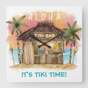 Tiki Time Tropical Beach Bar Surf & Sea Quadratische Wanduhr