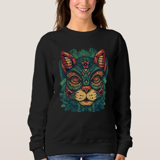 Tiki Totem Mask Hawaiian Cat Tiki Mask Hawaii Cat Sweatshirt (Vorderseite)