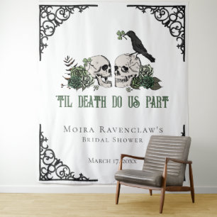 Til Death Black and White Skulls and Green Rose Wandteppich