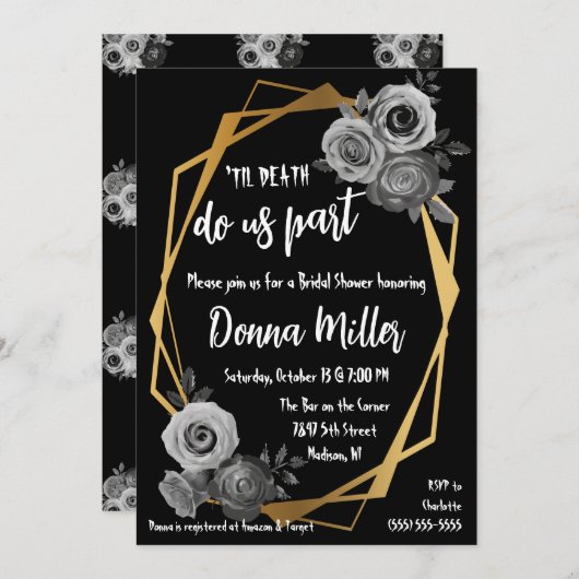 Til Death Do us Part Bloral, Gold, Brautparty Einladung (Vorne/Hinten)