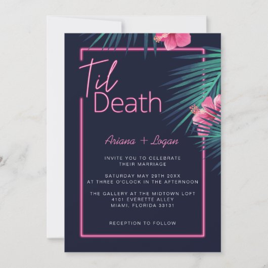 Til Death Do us Part Neon Pink Tropical Wedding Einladung (Vorderseite)