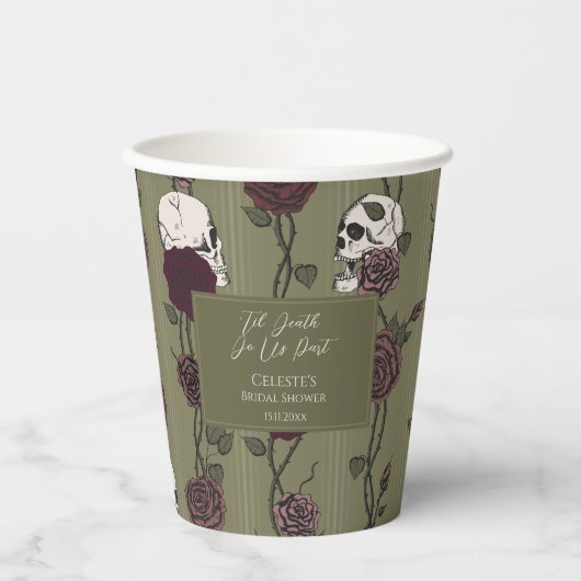 ’Til Death Do Us Part Olivgrüne Gotische Hochzeit Pappbecher (Vorderseite)