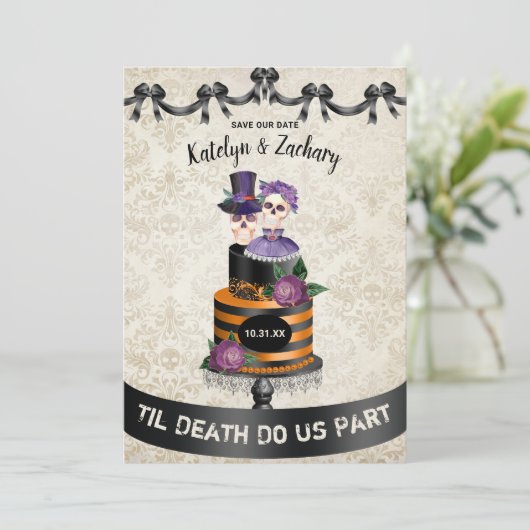 Til Death Do us Part Skeleton Halloween Hochzeit Save The Date (Stehend Vorderseite)