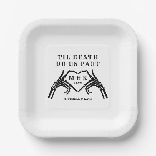 Til Death Do us Part Skeleton Heart Hand Wedding Pappteller (Vorderseite)
